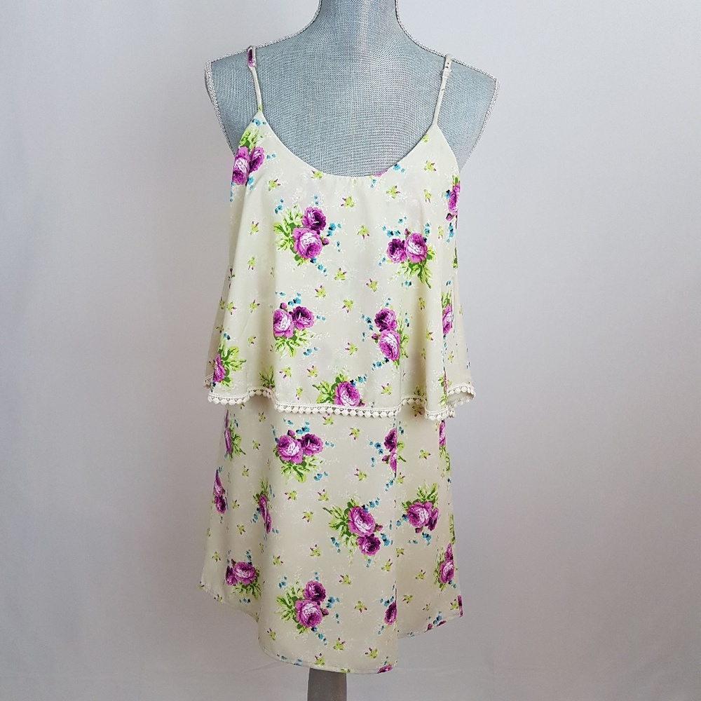 Savannah Rae Floral Ivory Sun Dress Deep V Back M